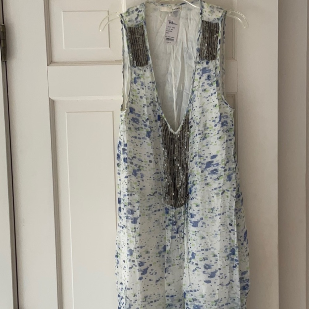 NWT ba&sh sleeveless dress with sequin accent, size 3 L blue white yellow